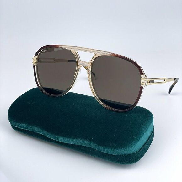 NEW Gucci GG1104S 002 Transparent Brown Gold Brown Pilot Unisex Sunglasses - Picture 1 of 11